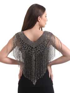 Capa con Cuentas y Flecos, Chaqueta Bolero con Cuello de Lentejuelas Plateadas y Doradas, Poliéster, Disponible en Stock - Product Image 5