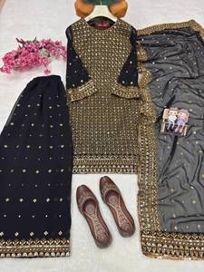 Conjunto de Kurti y Palazzo de Georgette Negro y Dorado para Mujer con Bordado de Lentejuelas y Zari, Dupatta Completamente Cosida, Traje Étnico de Tres Piezas para Fiesta - Product Image 6
