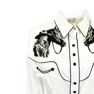 Camisa Western para Mujer, Color Crema, Cierre de Perlas, Ribete Estampado, Estilo Vaquero, Manga Larga, Bolsillo con Diseño de Dientes de Sierra, Retro, Personalizada - Product Image 4