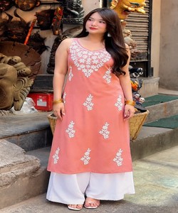<b>Women</b> Coral Cotton Embroidered <b>Kurta</b> Palazzo Set Traditional Casual Wear India Pakistan Style Midi Length 86477 MORNI- MC-1145 - Product Image 1