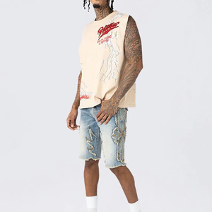 กางเกงยีนส์ขาสั้นทรงหลวมสไตล์สตรีทแวร์แบบฟอกสี สำหรับผู้ชาย ผลิตตามสั่ง จำนวนมาก ไซส์ใหญ่พิเศษ - Product Image 4