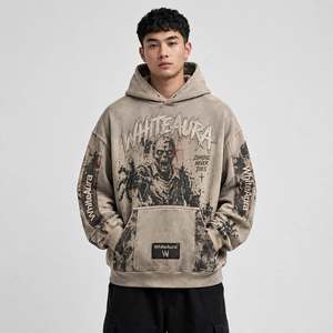 เสื้อฮู้ดผู้ชาย WhiteAura ทรงโอเวอร์ไซส์ สไตล์สตรีทแวร์ พิมพ์ลายซอมบี้ ผ้าฝ้ายฟลีซ ใส่ได้ในฤดูใบไม้ร่วง มีกระเป๋าหน้า พร้อมโลโก้ - Product Image 1