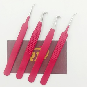 Pinzas para extensión de pestañas de acero inoxidable color rojo con logotipo personalizado OEM para salón de belleza, venta al por mayor, punta corta de 4 mm. - Product Image 4