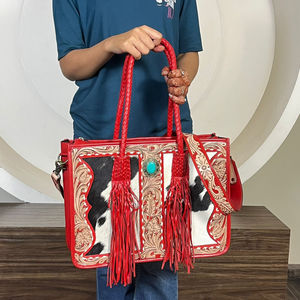 New Western Style <b>Tooled</b> <b>Leather</b> Cowhide Tote Bag Handmade Turquoise Stone Crossbody Fringe Handbag for Women Vintage Purse - Product Image 4
