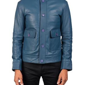 Chaqueta de Cuero Genuino Azul para Hombre, Cuello Alto, Cierre de Cremallera, Cortavientos, Informal, para Otoño - Product Image 6