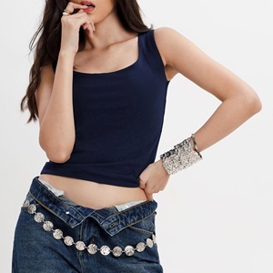 Womens Square Neck Tank <b>Top</b> Navy Blue Cotton Spandex Sleeveless Fitted Camisole Manufacturer - Product Image 4