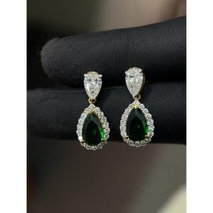 14K Gold Pear Shape Emerald & Diamond Drop Earrings | 3 Ct Pear & 0.90 Ct Round Diamond with 2.90 Ct <b>Green</b> Emerald Fine Jewelry - Product Image 4