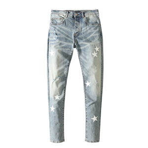 Pantalones vaqueros azul claro para hombre con apliques de estrellas verdes y negras, estilo casual de verano, cintura media, cierre de botones, pantalones de algodón tejido. - Product Image 5