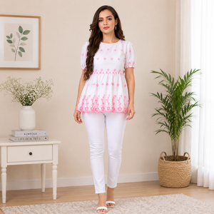 Blusa Premium para Mujer, Personalizada con Bordado Floral, de Algodón, con Peplum, Manga Corta, Casual, Holgada, para Verano, Venta al Por Mayor, OEM, ODM - Product Image 4