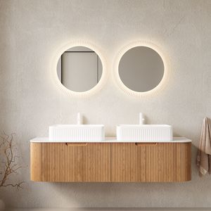 Mobile bagno sospeso DINA da 60 pollici con bordi curvi e armadietto a righe, 2 cassetti rettangolari bianchi - Product Image 1