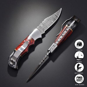 Cuchillo Plegable de Acero de Damasco Forjado a Mano con Mango de Madera Pakka y Clip de Bolsillo + Funda de Cuero, Cuchillo EDC para Caza y Camping - Product Image 5