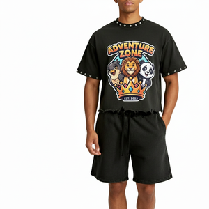 Ensemble T-shirt et short imprimé Adventure noir unisexe, tenue décontractée d'été 100% coton respirant, coupe ample, col rond, manches courtes - Product Image 3