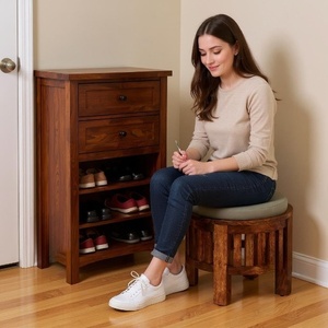 Handcrafted Wooden Round Top <b>Stool</b> <b>with</b> Cushion Honey Finish Multipurpose Side <b>Table</b> Footrest for Living Room Bedroom Lounge - Product Image 6