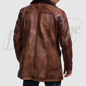 เสื้อโค้ทหนังแท้สีน้ำตาลวินเทจพรีเมียมสำหรับผู้ชาย - แจ็คเก็ตหนังแกะสำหรับฤดูหนาวความยาวปานกลางพร้อมปกขนเฟอร์เทียม - Product Image 3