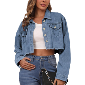 Women's Light Blue <b>Cropped</b> <b>Denim</b> <b>Jacket</b> Raw Hem Button Closure Long Sleeve Oversized Casual Fashion Jean <b>Jacket</b> Spring Autumn We - Product Image 1