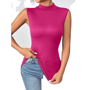 Body blanc sans manches à col montant pour femme, coupe ajustée, extensible, débardeur décontracté et basique, idéal pour l'été - Product Image 1