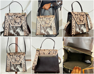Hot Selling Handcrafted Tooled Floral Leather Women's Messenger Bags Cowhide Fur Leather Large Capacity Crossbody Travel <b>Handbag</b> - Product Image 3