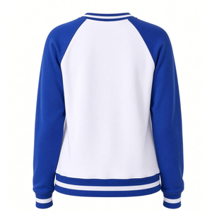 เสื้อสเวตเชิ้ตคอกลมแขนยาวสีขาวน้ำเงินกรมท่า แบบยูนิเซ็กซ์  ปักอักษรกรีกด้วยไหมเชนีล  ผ้าฟลีซ  ปลายแขนเสื้อลายทาง  รับผลิตตามแบบ (OEM) ขายส่ง - Product Image 2