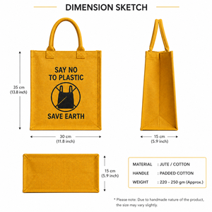 Say No To <b>Plastic</b> Jute Shopping Bag Medium Size Yellow Save Earth Eco Friendly Grocery <b>Tote</b> Handle Top - Product Image 2