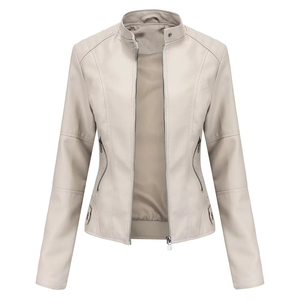 Trendy product <b>Women's</b> <b>Brown</b> PU <b>Leather</b> Moto <b>Jacket</b> Windproof Solid Color Regular Length Full Sleeve Stand Collar Zipper Closure - Product Image 4