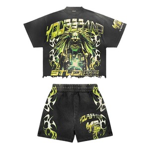 Ensemble T-shirt et short vintage délavé à l'acide pour homme, imprimé sérigraphié, streetwear, survêtement d'été, vente en gros - Product Image 2