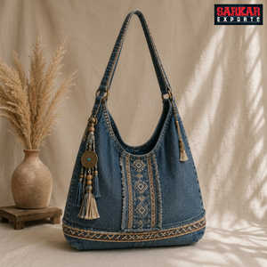 Sac fourre-tout en jean recyclé pour femme, design tendance, sac de shopping en toile de coton personnalisé avec logo imprimé sur mesure - Product Image 1