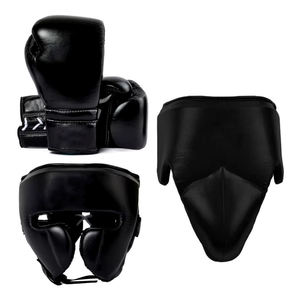 Ensemble de protection pour arts martiaux GOLDEN WAVE ENTERPRISES : Gants de boxe en cuir noir respirant, protège-tête et protège-glandes pour l'entraînement - Product Image 1