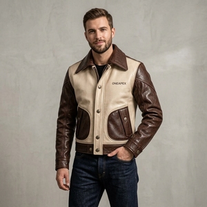 <b>Men</b> Brown Beige Leather Turn-down Collar Zipper <b>Jacket</b> <b>Racing</b> Biker <b>Jacket</b> Custom Leather Riding <b>Jacket</b> Wholesale Manufacture - Product Image 5