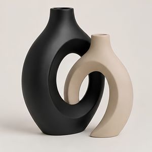 ABSTRACT LOOP <b>VASE</b> SET Modern Ceramic Tabletop <b>Vase</b> Set 2 Black <b>Cream</b> Irregular Hollow Sculptural Minimalist Handmade Art - Product Image 4