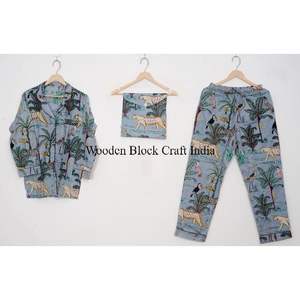 Pyjama en coton imprimé jungle à manches longues, ensemble deux pièces décontracté avec poches pour femme - Product Image 6