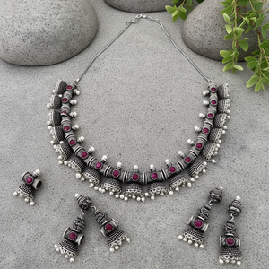 Oxidised Silver <b>Ruby</b> Stone <b>Necklace</b> Set - Product Image 3