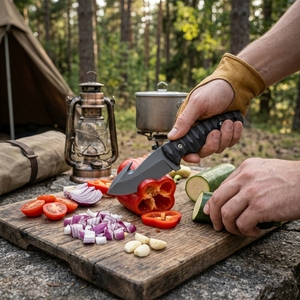Cuchillo de Hoja Fija Hecho a Mano con Gancho para Tripas, Hoja de Acero al Carbono con Recubrimiento en Polvo, Mango Texturizado Negro, para Camping y Uso General, OEM - Product Image 5