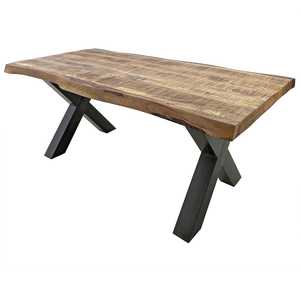 Mesa de comedor de estilo europeo con base de metal industrial en forma de X, tablero de madera maciza de mango con borde natural y acabado mate, estilo rústico y natural. - Product Image 1