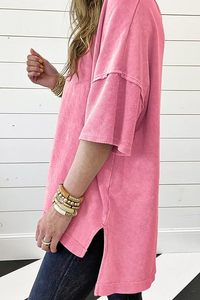 T-shirts amples pour femmes, délavés à l'acide, à manches courtes, avec coutures apparentes, épaules tombantes, délavés aux minéraux, couleurs unies, style décontracté - Product Image 3