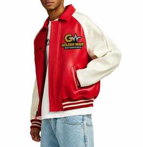 Veste universitaire en cuir véritable Goldenwave Factory personnalisée |   Blouson bomber avec logo brodé |   Manchette côtelée de qualité supérieure et doublure matelassée - Product Image 4