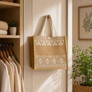 Bolsa de Yute Premium con Diseño Tribal y Asas de Algodón, Reutilizable, Ecológica, para Compras, Playa, Viajes, Regalo para Mujer - Product Image 2