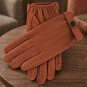 Gants de conduite en cuir de mouton marron, longueur poignet, style uni, respirants, non doublés, pour usage quotidien, printemps automne - Product Image 4