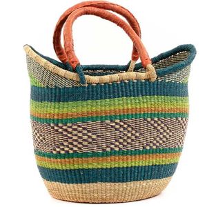 Sac fourre-tout moderne en jonc de mer tressé motif chevron géométrique vert sarcelle, avec poignée en cuir enveloppée et queue d'hirondelle, sac de plage d'été naturel, vente en gros - Product Image 2