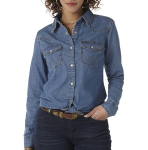 <b>Women's</b> Blue Denim <b>Shirt</b> Long Sleeve <b>Cowboy</b> Collar Button Front Casual Eco-Friendly Waterproof Breathable Vintage Style - Product Image 1