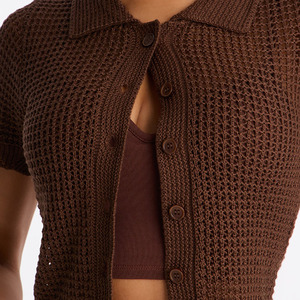 Custom Logo Women's Brown Hand Knitted Short Sleeve <b>Cardigan</b> With Turn-down Collar Button Closure Breathable Casual <b>Summer</b> Top - Product Image 3