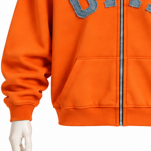 <b>Orange</b> <b>Mens</b> Zip Front <b>Hoodie</b> Chenille Letter Applique Heavyweight Fleece Oversized Casual Streetwear Sweatshirt with Kangaroo - Product Image 5
