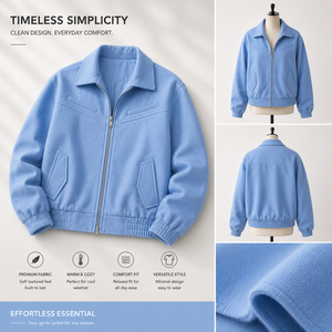 Light Blue Men's Fleece Varsity Jacket Stand Collar <b>Covered</b> <b>Button</b> Closure Breathable 100% Cotton Casual Regular Fit Winter Wear - Product Image 6