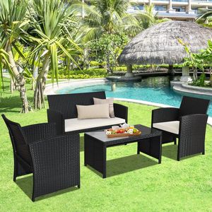 Set di 4 Mobili da Giardino in Rattan con Cuscini Resistenti alle Intemperie e Piano in Vetro Temperato, Arredamento da Esterno Durevole - Product Image 5