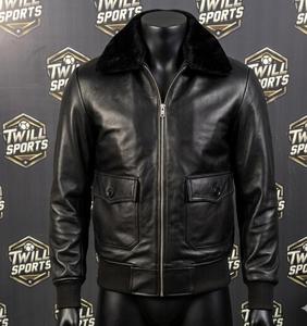 Men's Genuine Leather Bomber <b>Jacket</b> Stand Collar Waterproof Windproof Winter Moto Style Zipper Closure Regular Fit Front Logo - Product Image 2