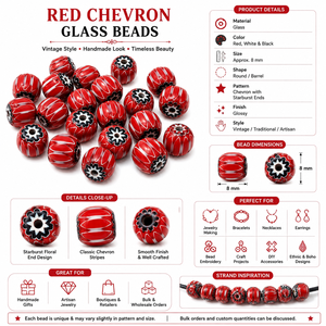 Cuentas de Cristal Rojas Chevron Hechas a Mano, Estilo Veneciano Vintage, Cuentas Millefiori de 8mm, Paquete a Granel, Cuentas para Joyería y Manualidades - Product Image 1