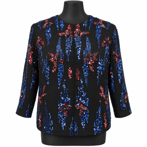 <b>Sequined</b> Floral Evening <b>Top</b> Round Neck Three Quarter Sleeves Relaxed Shape | Black Blue Red Embellished Formal <b>Party</b> Blouse <b>Top</b> - Product Image 1