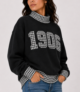   Pull molletonné surdimensionné à col roulé pour femme, motif gingham et pois, avec logo personnalisé, épaules tombantes, vente en gros OEM - Product Image 4
