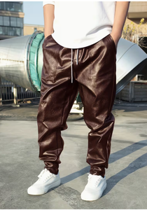 Men's Brown PU Coated Harem Pants <b>Elastic</b> <b>Waist</b> Drawstring Casual Joggers with Side Pockets Heavyweight Winter Wear Anti-Pilling - Product Image 3
