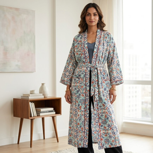 Kimono de algodón floral azul estilo bohemio, manga larga, cuello en V, estampado a bloques, bata de descanso con cinturón, ropa de resort, pareo de playa - Product Image 2