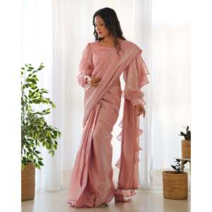 Hermoso Saree Rosa XS con Mangas Abullonadas y Cuello en V, 100% Poliéster con Bordado de Encaje para Fiestas - Product Image 4